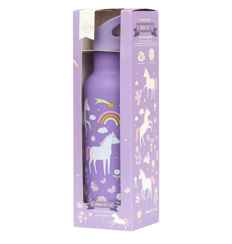 Borraccia termica viola per bambini con cannuccia decorata con unicorni da 500 ml