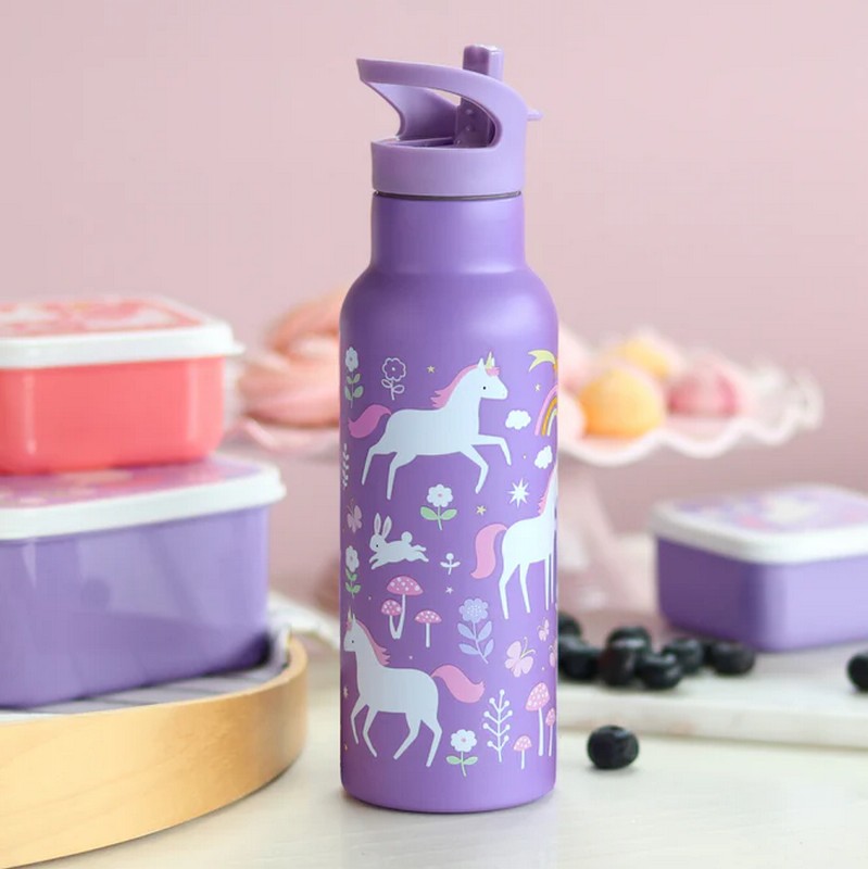Borraccia termica viola per bambini con cannuccia decorata con unicorni da 500 ml