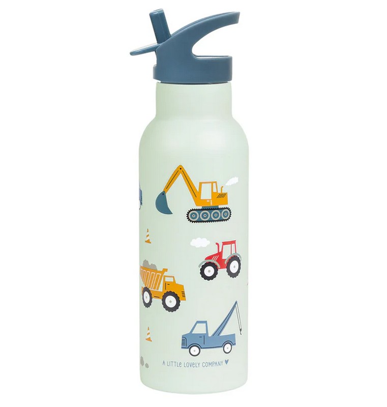 Borraccia termica azzurra per bambini con cannuccia decorata con veicoli da 500 ml