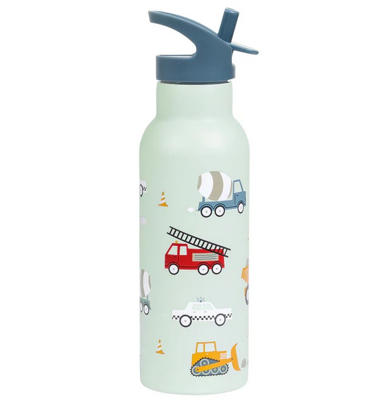 Borraccia termica azzurra per bambini con cannuccia decorata con veicoli da 500 ml