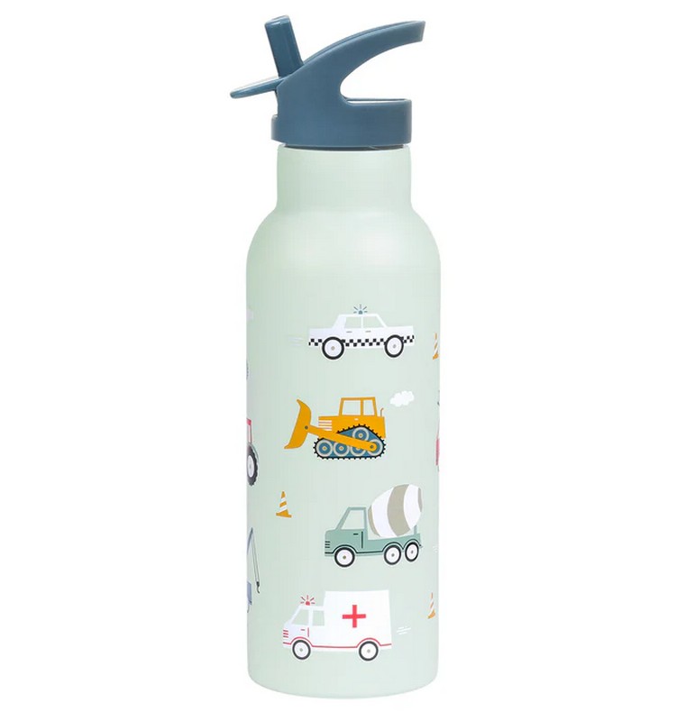 Borraccia termica azzurra per bambini con cannuccia decorata con veicoli da 500 ml