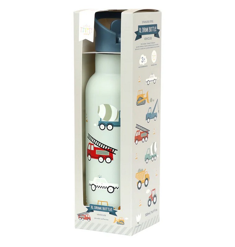 Borraccia termica azzurra per bambini con cannuccia decorata con veicoli da 500 ml