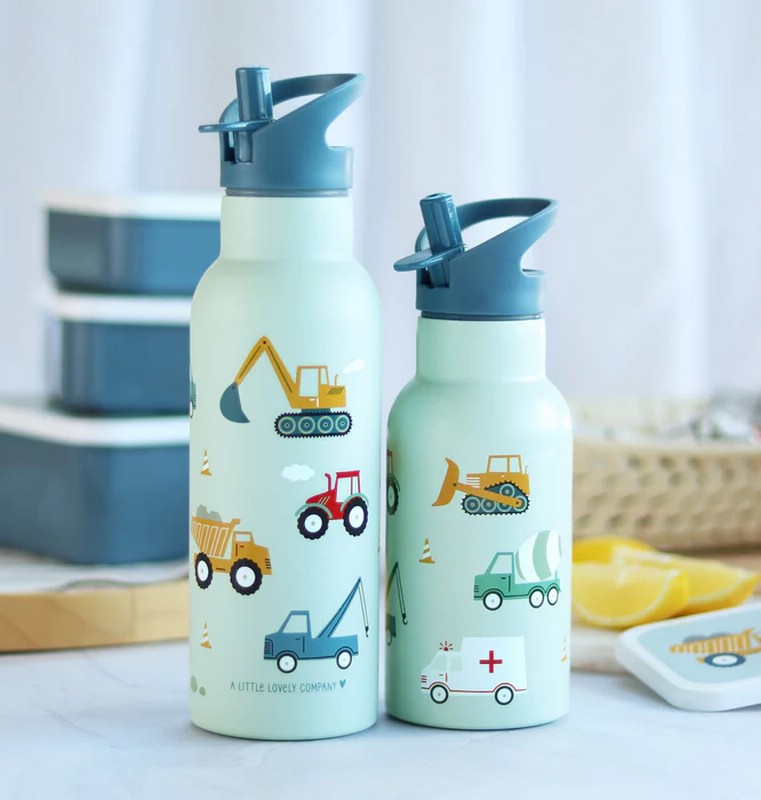 Borraccia termica azzurra per bambini con cannuccia decorata con veicoli da 500 ml