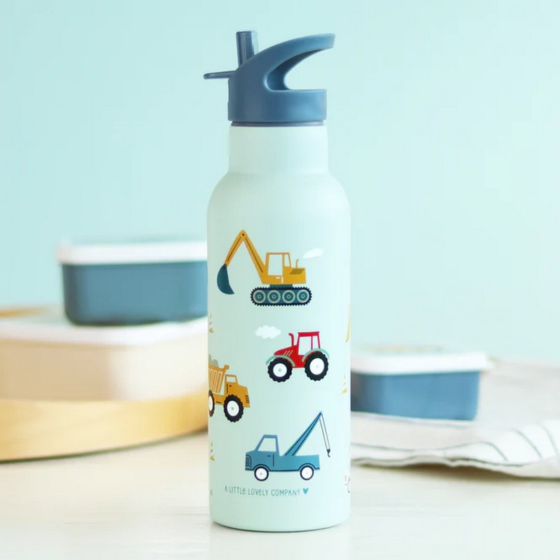 Borraccia termica azzurra per bambini con cannuccia decorata con veicoli da 500 ml