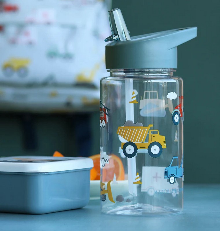 Borraccia per bambini trasparente con tappo grigio e cannuccia decorata con veicoli