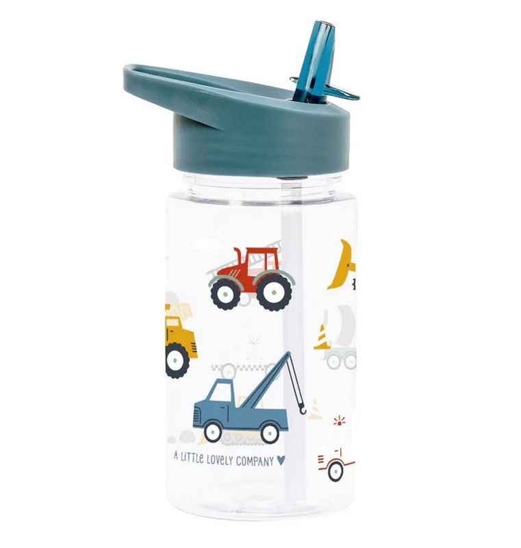 Borraccia per bambini trasparente con tappo grigio e cannuccia decorata con veicoli