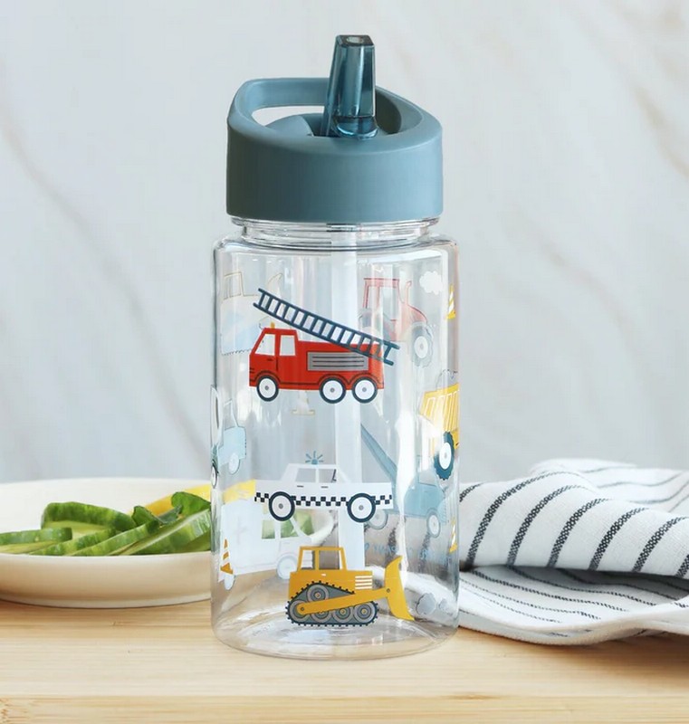 Borraccia per bambini trasparente con tappo grigio e cannuccia decorata con veicoli