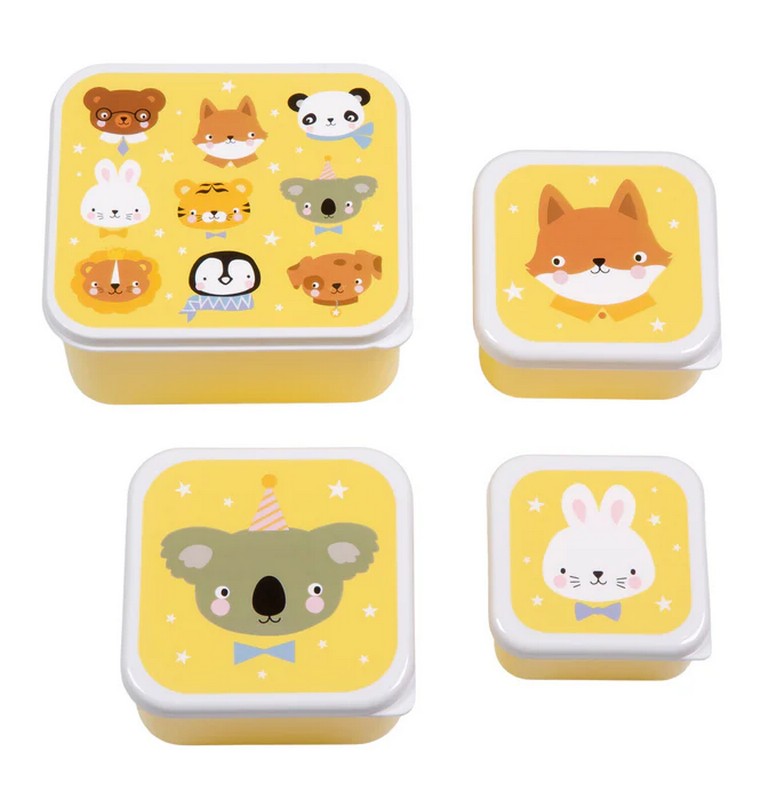Set 4 contenitori porta merenda gialli per bambini decorati con animali