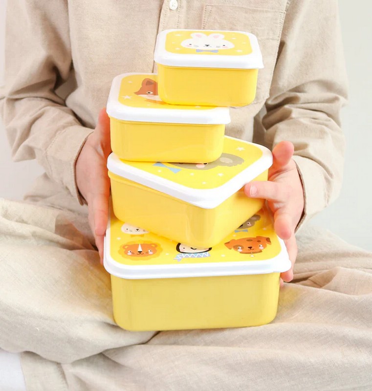 Set 4 contenitori porta merenda gialli per bambini decorati con animali