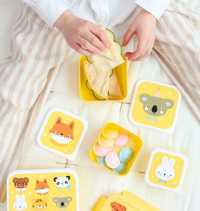 Set 4 contenitori porta merenda gialli per bambini decorati con animali