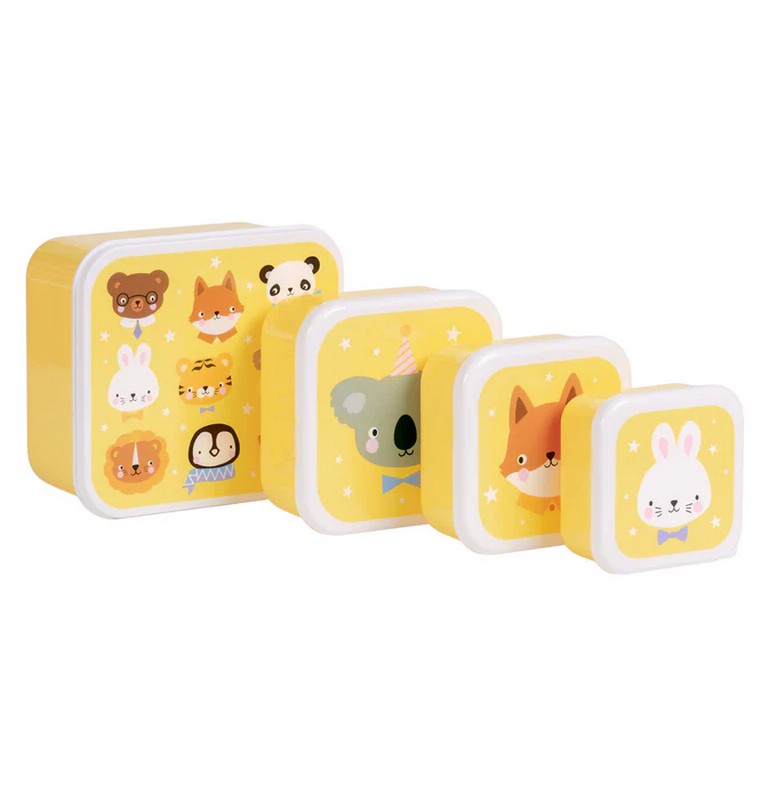 Set 4 contenitori porta merenda gialli per bambini decorati con animali