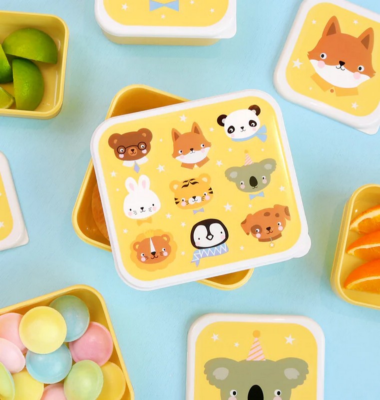 Set 4 contenitori porta merenda gialli per bambini decorati con animali