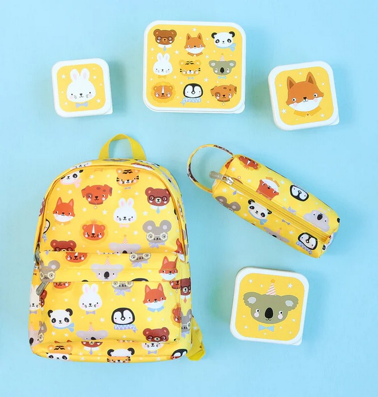 Set 4 contenitori porta merenda gialli per bambini decorati con animali