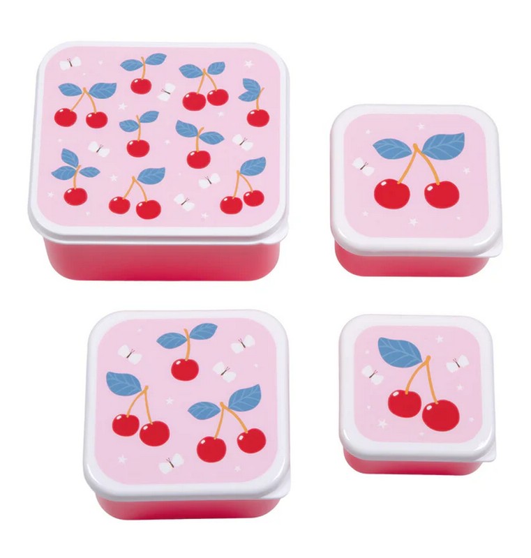 Set 4 contenitori porta merenda rosa per bambini decorati con ciliegie
