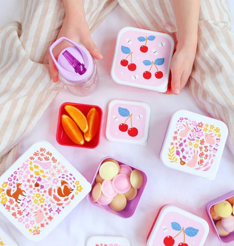 Set 4 contenitori porta merenda rosa per bambini decorati con ciliegie