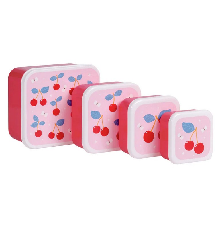 Set 4 contenitori porta merenda rosa per bambini decorati con ciliegie