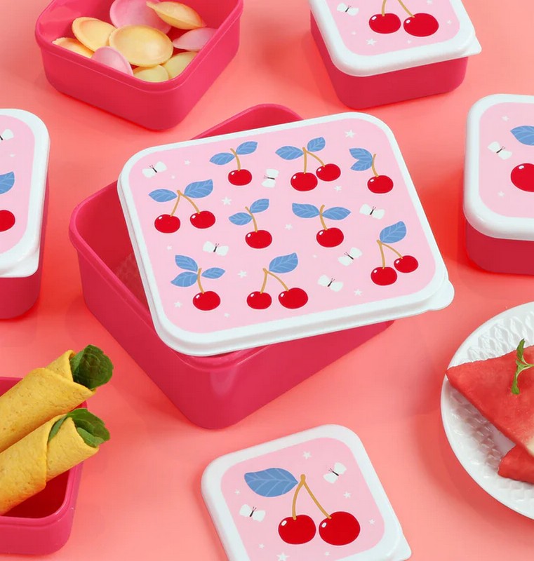 Set 4 contenitori porta merenda rosa per bambini decorati con ciliegie