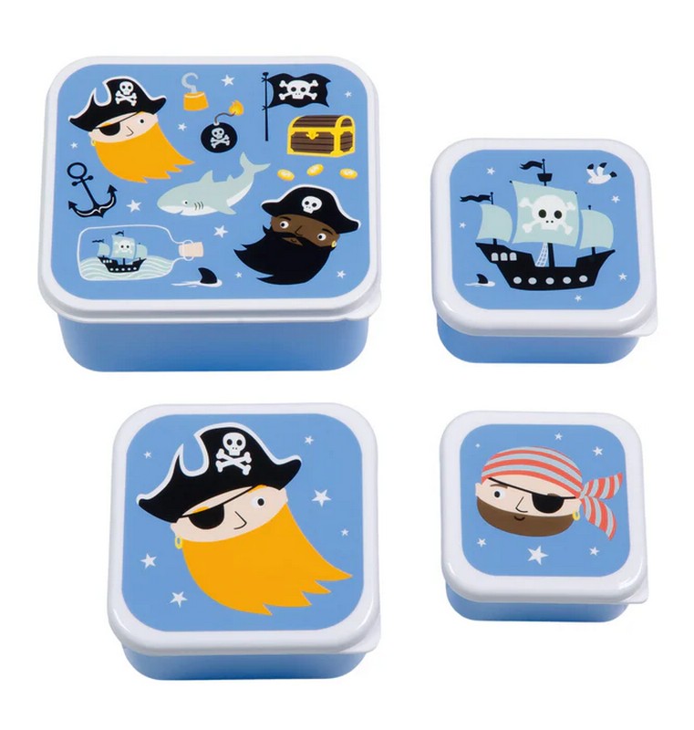 Set 4 contenitori porta merenda blu per bambini decorati con pirati