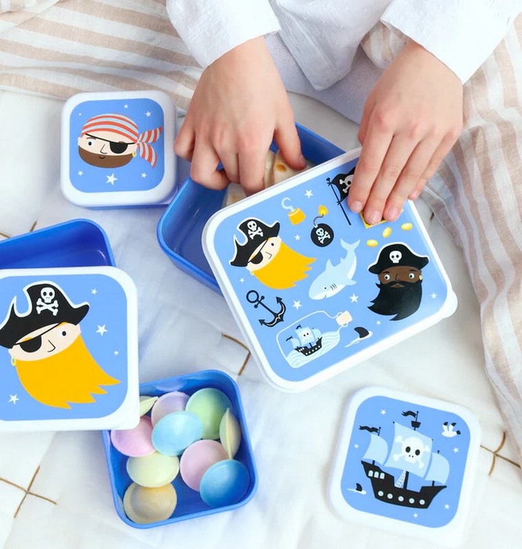 Set 4 contenitori porta merenda blu per bambini decorati con pirati