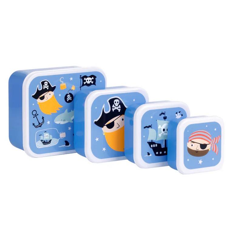 Set 4 contenitori porta merenda blu per bambini decorati con pirati