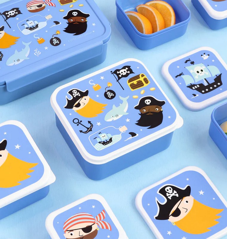 Set 4 contenitori porta merenda blu per bambini decorati con pirati