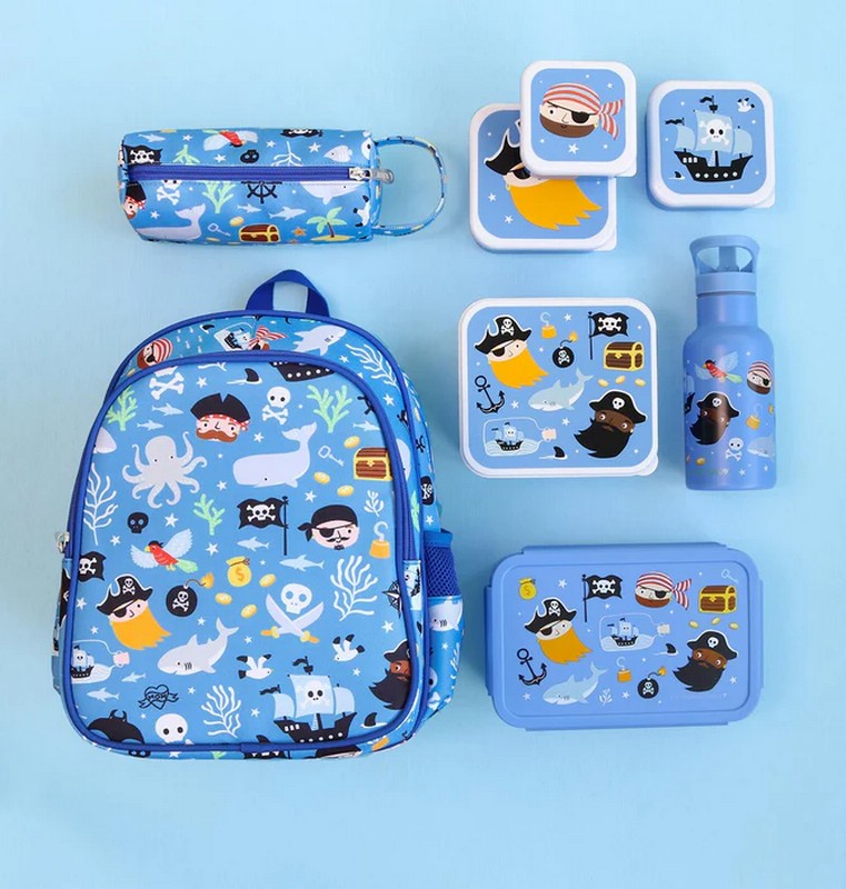 Set 4 contenitori porta merenda blu per bambini decorati con pirati