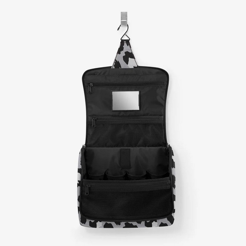 Beauty da viaggio XL leopardato grigio con inserti da aprire, specchio removibile e possibilità di essere appeso