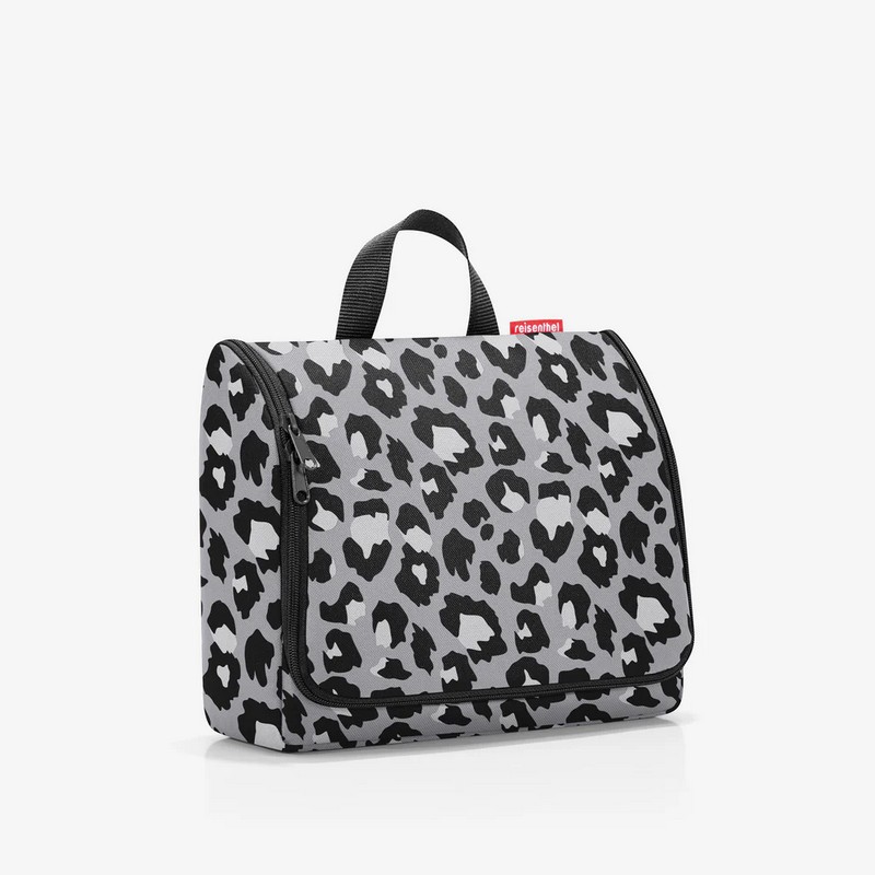 Beauty da viaggio XL leopardato grigio con inserti da aprire, specchio removibile e possibilità di essere appeso