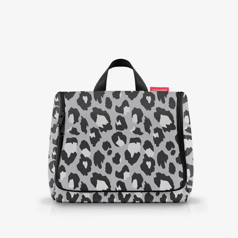 Beauty da viaggio XL leopardato grigio con inserti da aprire, specchio removibile e possibilità di essere appeso