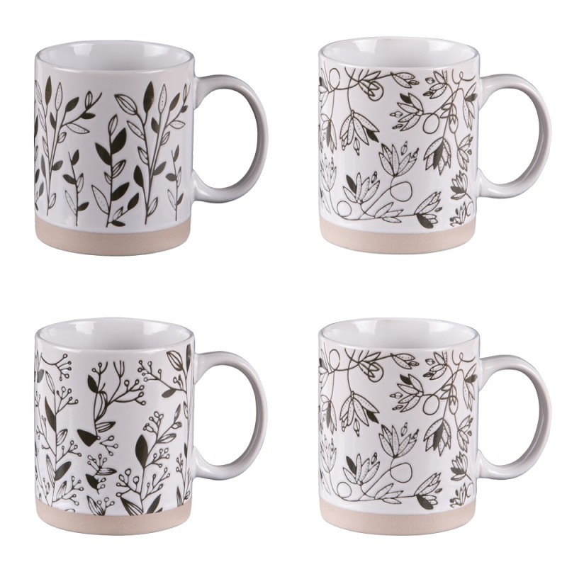 Set 4 tazze mug bianche in ceramica decorate con piante