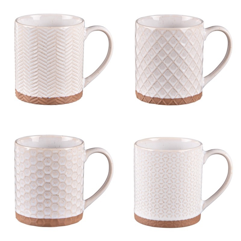 Set 4 tazze mug bianche in ceramica decorate con motivi geometrici in rilievo