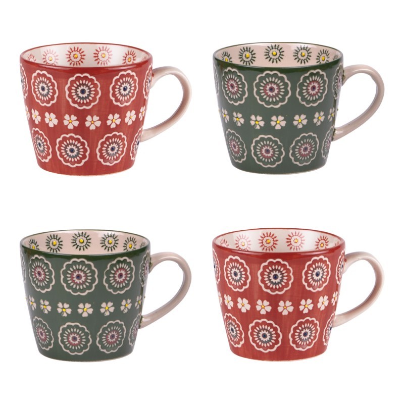 Set 4 tazze mug verde e rosse in ceramica decorate con fiori in rilievo dipinti a mano