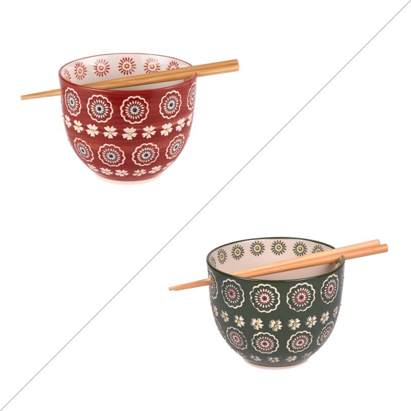 Ciotola per ramen verde floreale in ceramica dipinta a mano con bacchette incluse