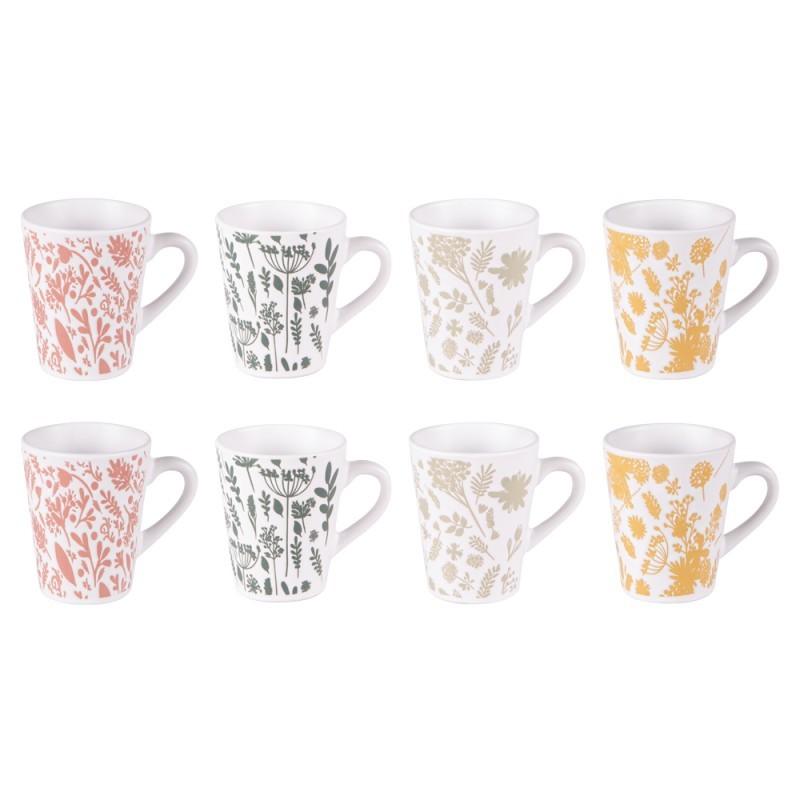 Set 8 tazze da caffè bianche in gres decorate con piante di colore misto corallo, verde, beige e giallo