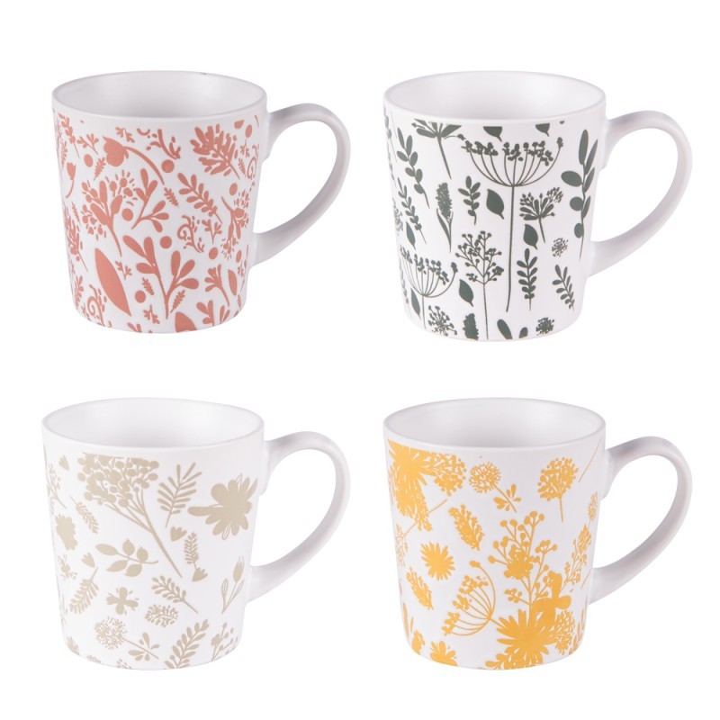 Set 4 tazze mug per colazione o tè in ceramica decorate con piante colorate di corallo, verde, beige e giallo