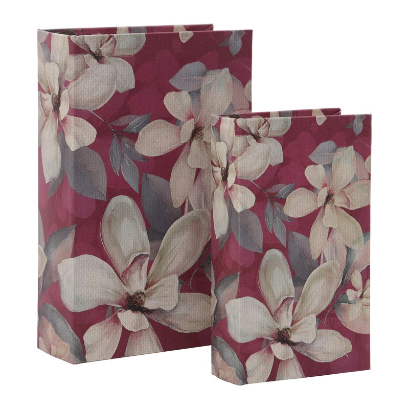 Scatola libro decorata con fiori di magnolia su fondo borgogna con interno vellutato e chiusura magnetica