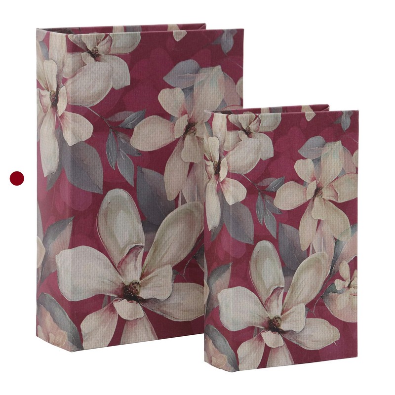 Scatola libro decorata con fiori di magnolia su fondo borgogna con interno vellutato e chiusura magnetica