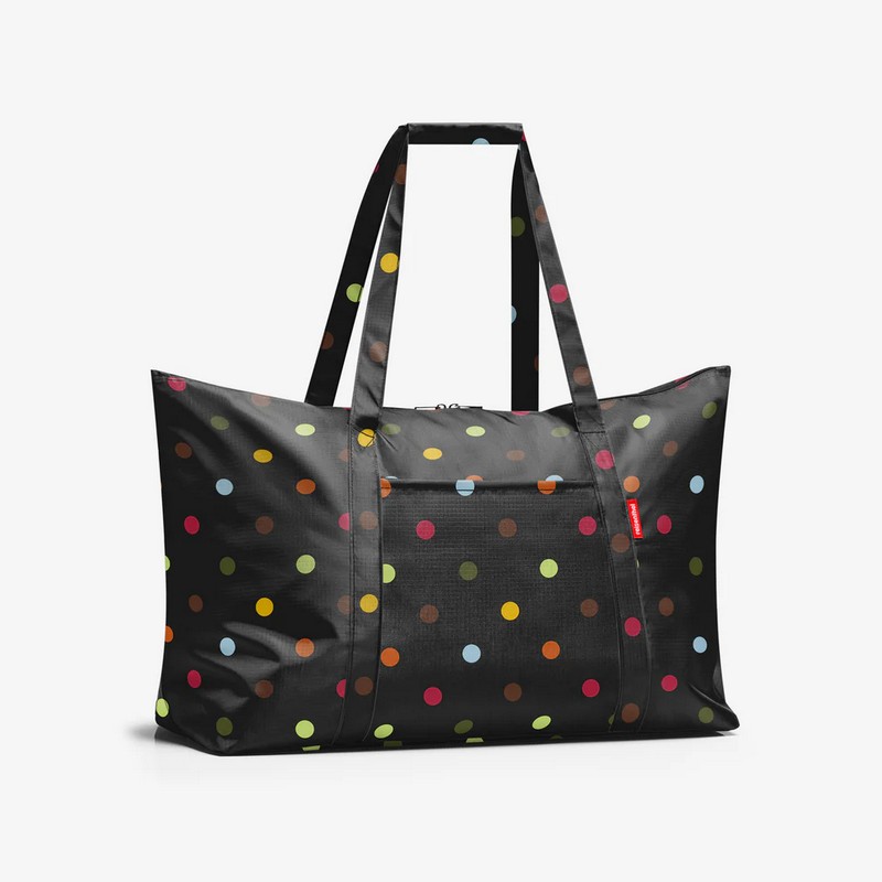 Borsa da viaggio pieghevole nera a pois multicolor, un accessorio ideale da inserire in valigia