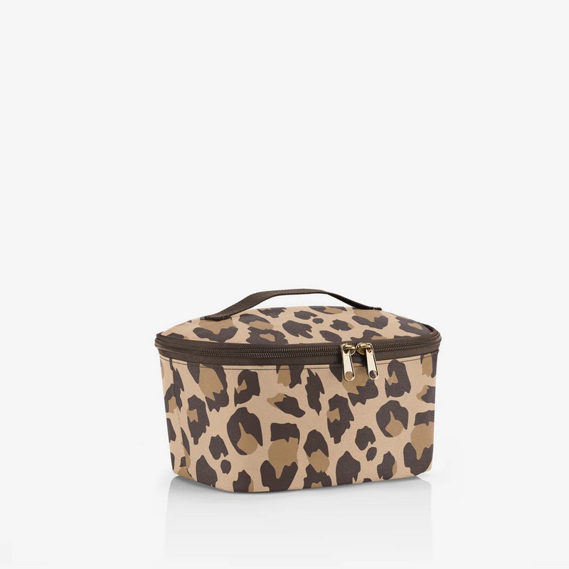 Borsa termica leopardata con chiusura zip e manico, ideale per mantenere la temperatura di cibo, farmaci e cosmetici