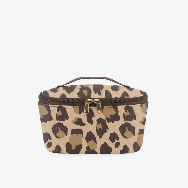 Borsa termica leopardata con chiusura zip e manico, ideale per mantenere la temperatura di cibo, farmaci e cosmetici