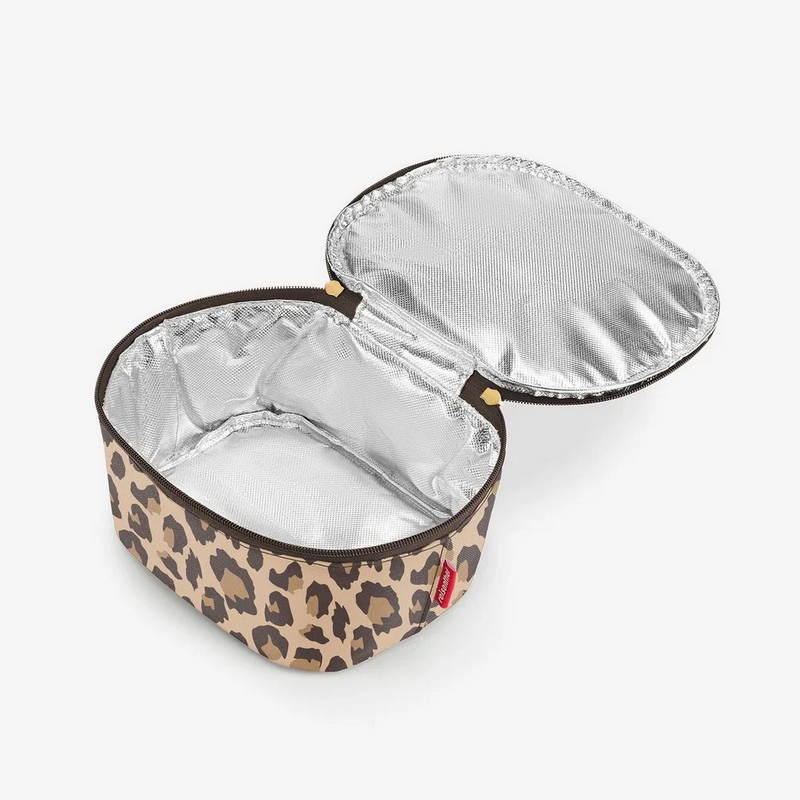 Borsa termica leopardata con chiusura zip e manico, ideale per mantenere la temperatura di cibo, farmaci e cosmetici