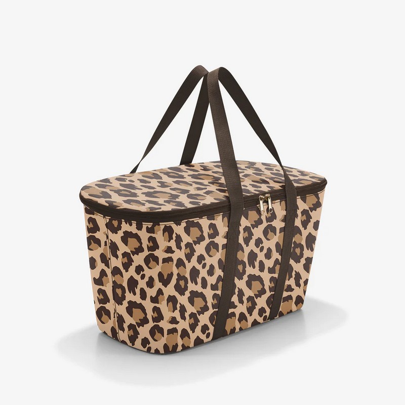 Borsa termica leopardata con chiusura zip e manico, ideale per mantenere la temperatura di cibo, farmaci e cosmetici