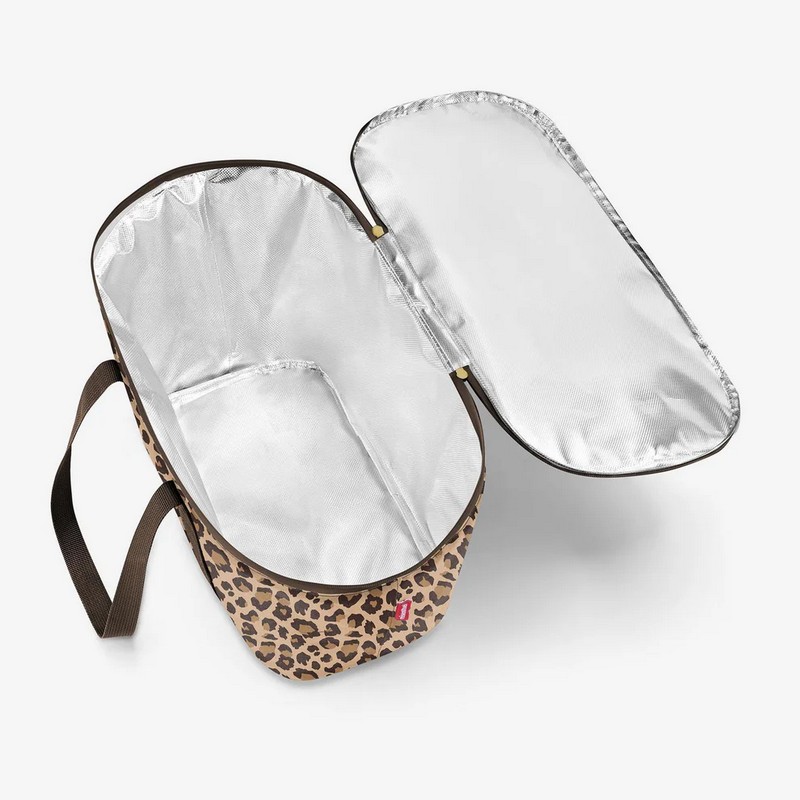 Borsa termica leopardata con chiusura zip e manico, ideale per mantenere la temperatura di cibo, farmaci e cosmetici