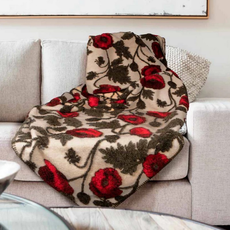 Coperta in lana cotta 150 x 200 cm con decoro di fiori di papavero su fondo beige, fatta in Italia con lana italiana ecosostenibile