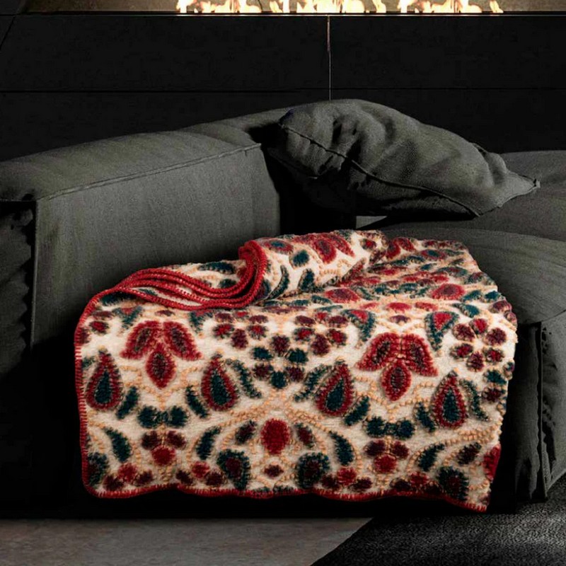 Coperta in lana cotta 150 x 200 cm con decoro misti su fondo beige, fatta in Italia con lana italiana ecosostenibile