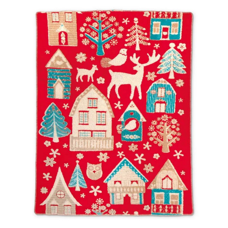 Coperta in lana cotta 150 x 200 cm con decoro paesaggio natalizio su fondo rosso, fatta in Italia con lana italiana ecosostenibile