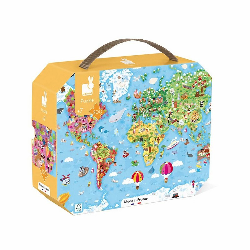 Puzzle dai 7 anni in su da 300 pezzi a tema mappamondo con animali, utile a imparare a riconoscere i paesi e le loro caratteristiche, contenuto in una valigetta facile da trasportare