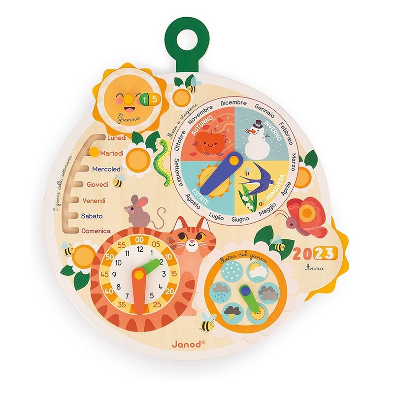 Calendario perpetuo interattivo di legno per bambini con giorni, mesi, anni, ore e meteo