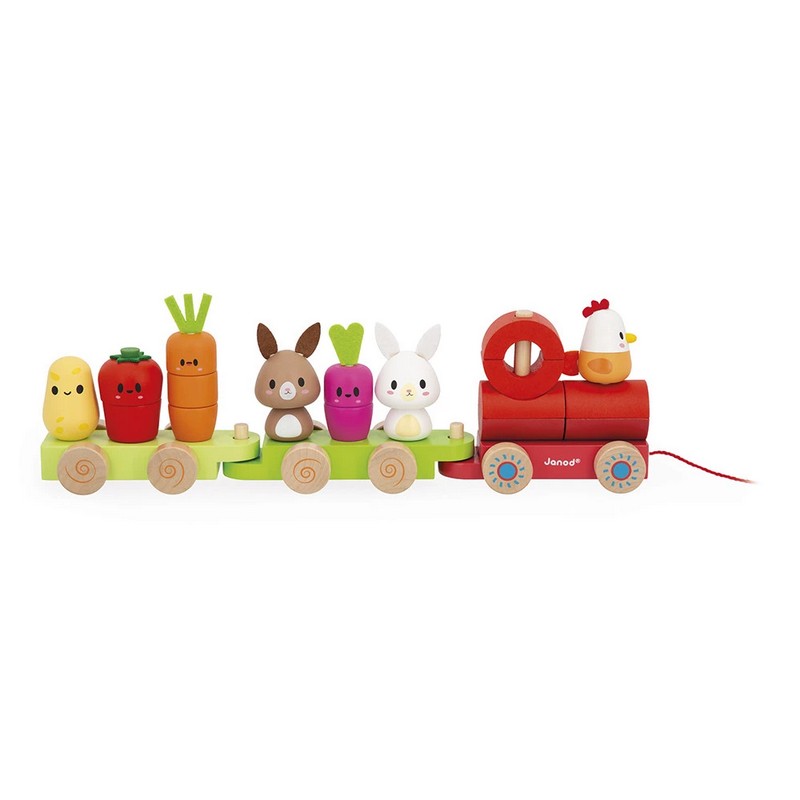 Gioco trenino trainabile legno per bambini a tema fattoria, con ortaggi, conigli e gallo, con blocchi da impilare