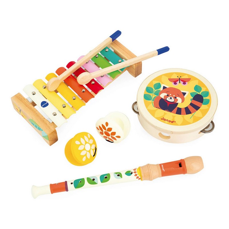 Set musicale per bambini contenente xilofono, tamburello, flauto e nacchere, tutto realizzato in legno - il regalo perfetto per gli aspiranti musicisti!